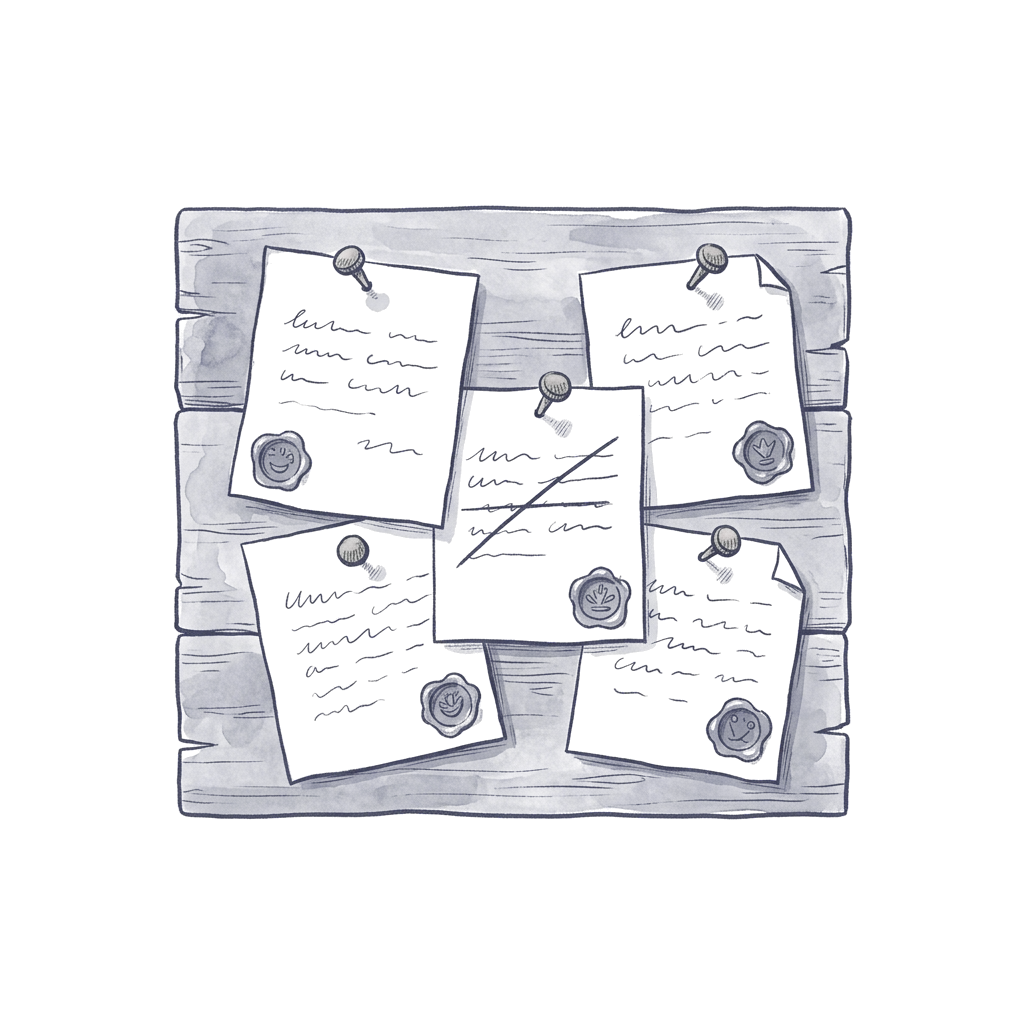 An ink drawing of a notice board of pinned paper slips, each stamped with a small wax seal, one slip ruled through with a single line.