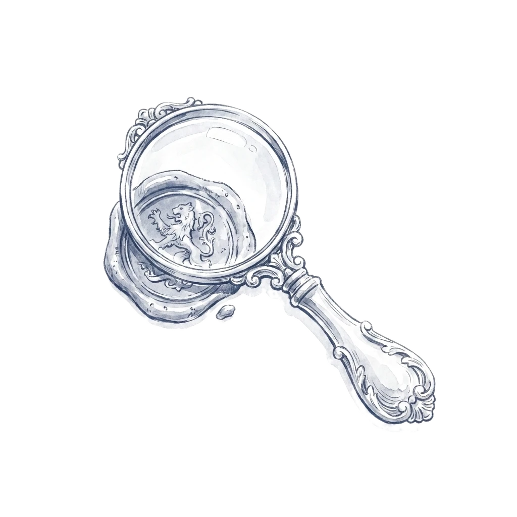 An ink drawing of an ornate magnifying glass held over a wax seal impression, the crest visible through the lens.