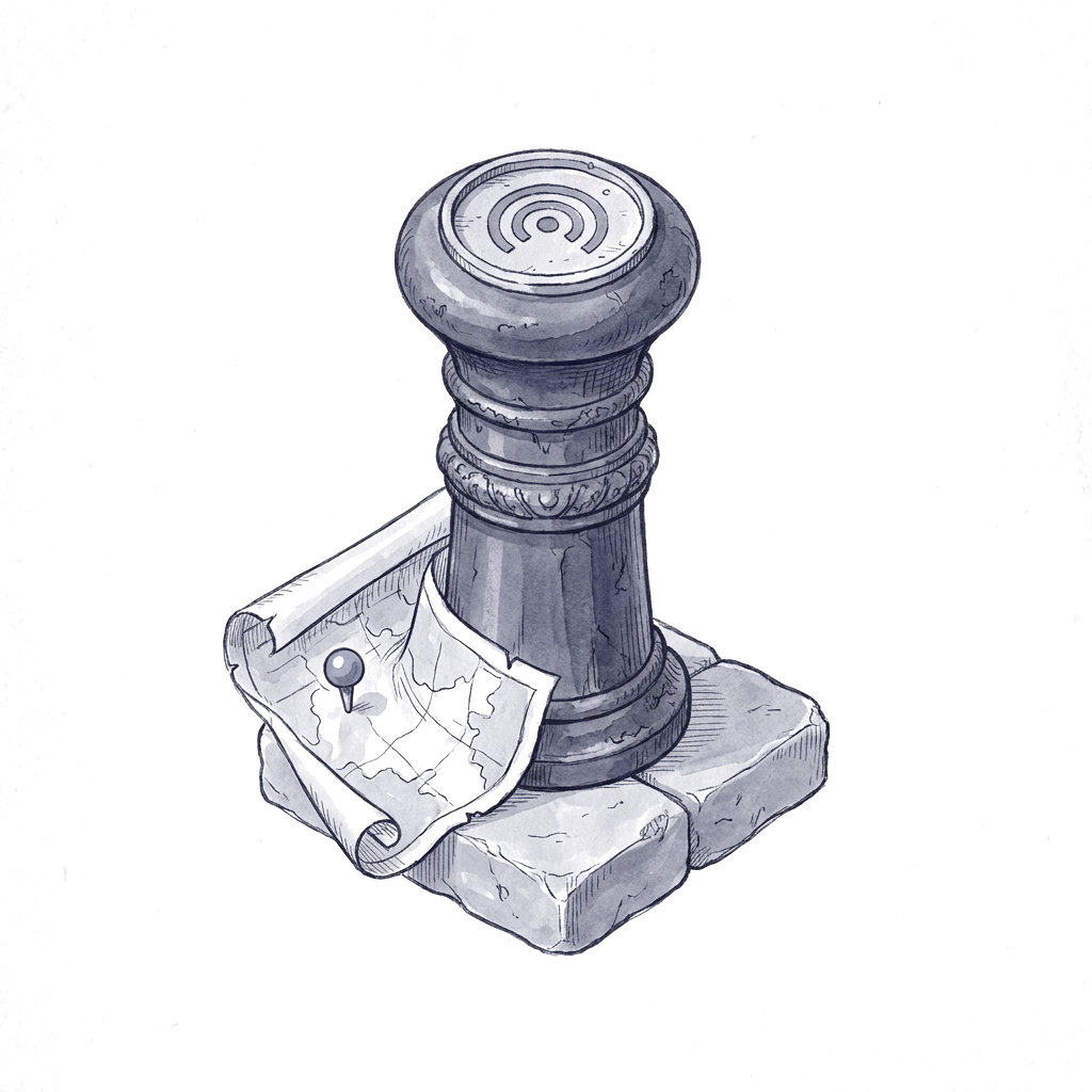 An ink drawing of a cast-iron bollard terminal on a paving stone, contactless rings on its head, a folded map with a single pin curling around its base.