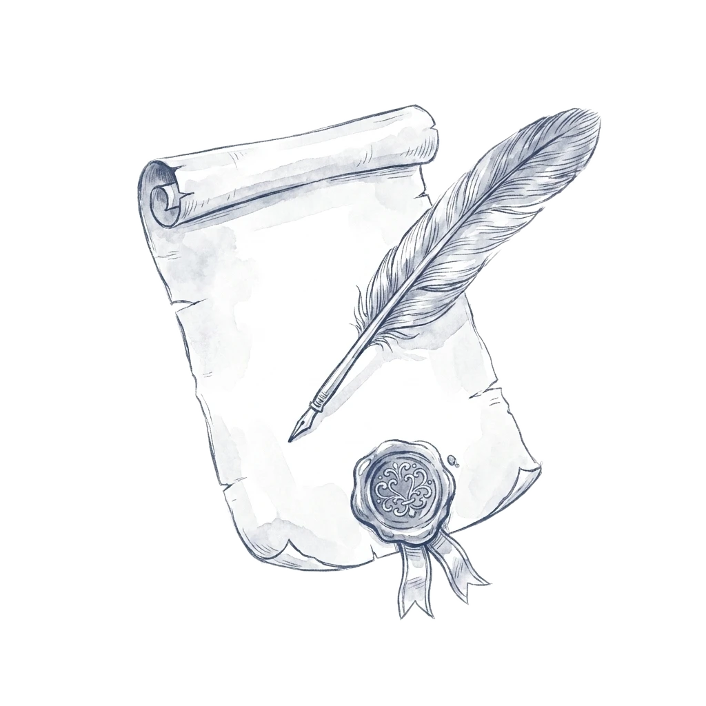 An ink drawing of an unfurled parchment document with a quill resting across it and a pressed wax seal at its foot.