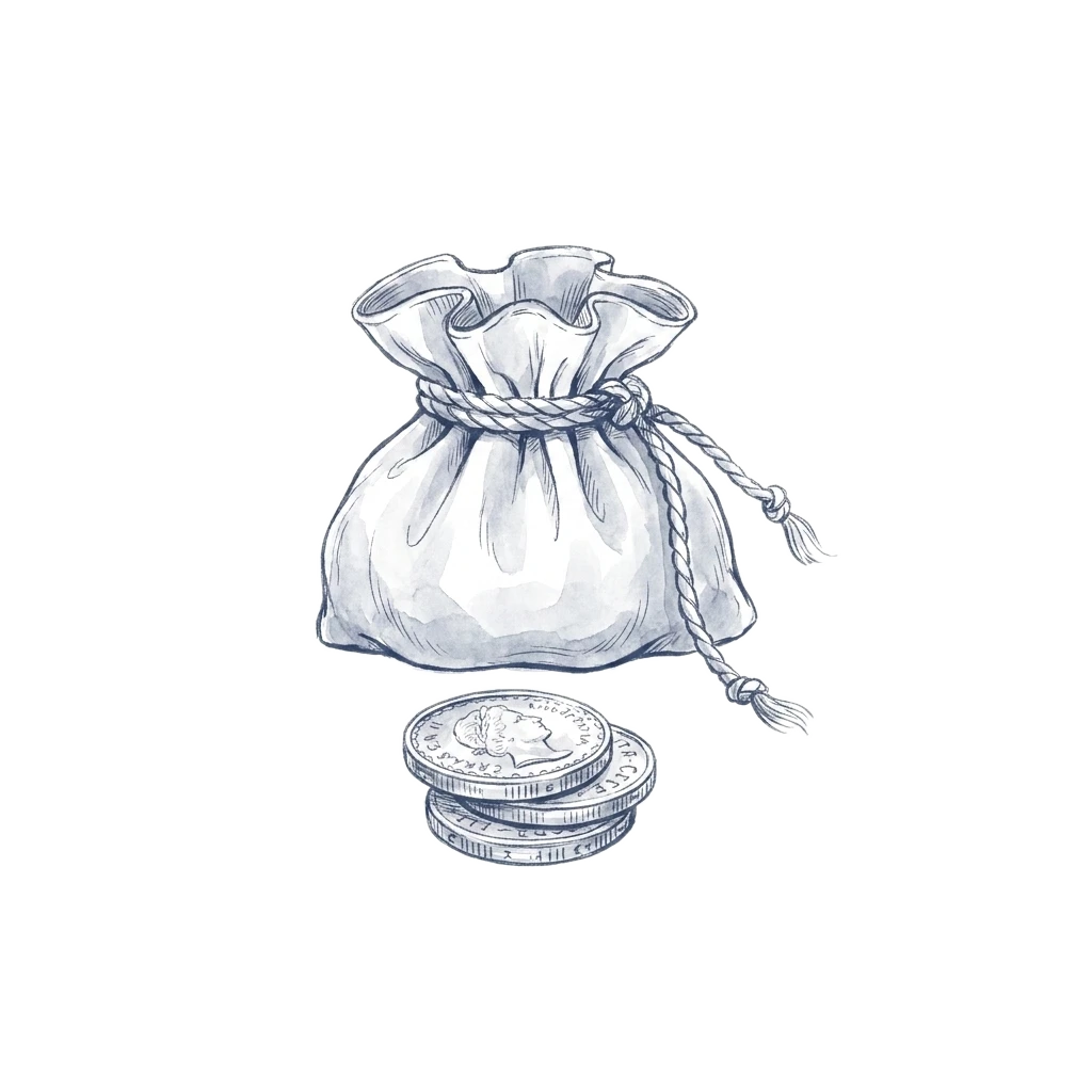 An ink drawing of a drawstring coin purse cinched tightly shut, with three coins stacked beside it.