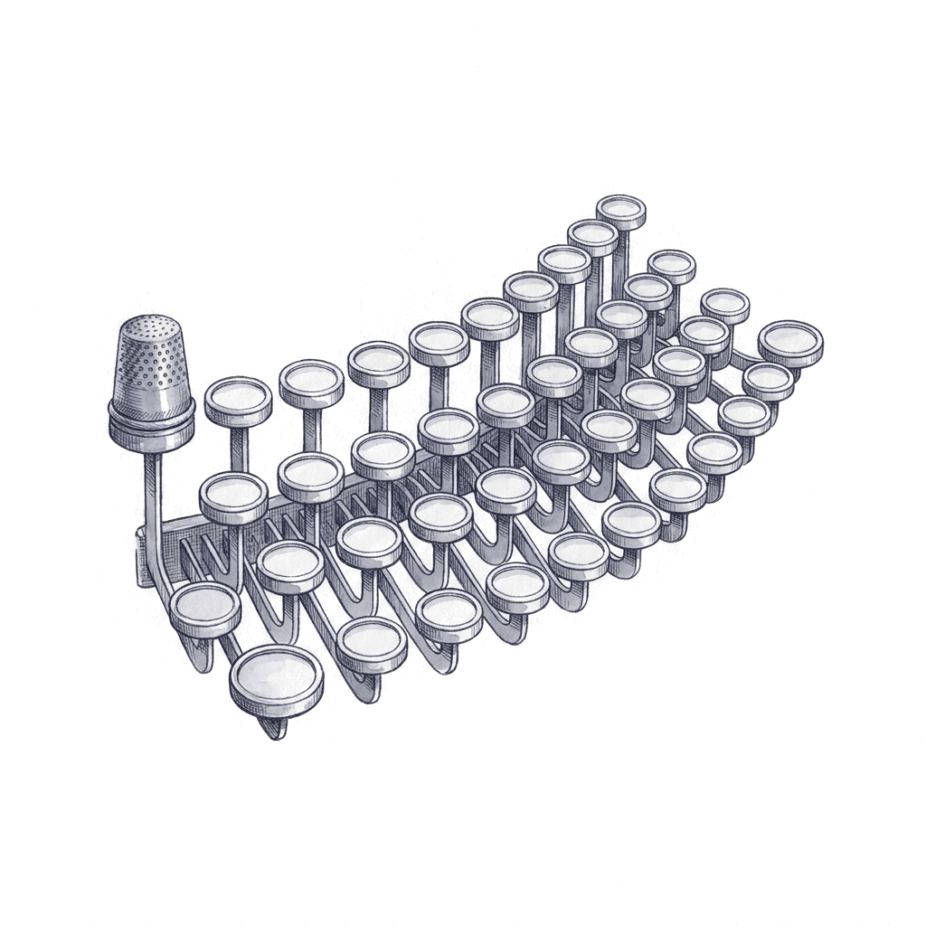 An ink drawing of a curved bank of blank typewriter keys on their stems, a sewing thimble resting on one of them.