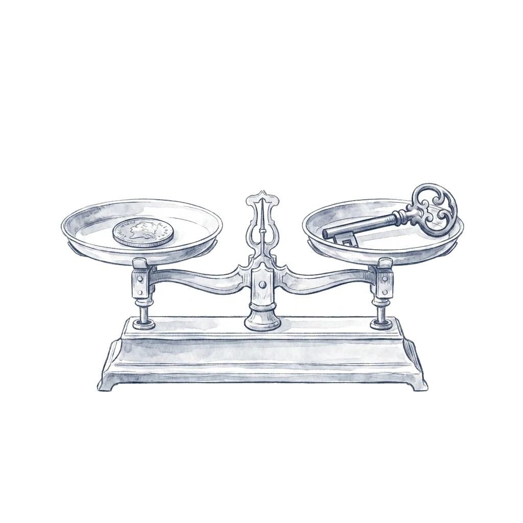 An ink drawing of an antique balance scale, perfectly level, with a coin on one pan and a key on the other.