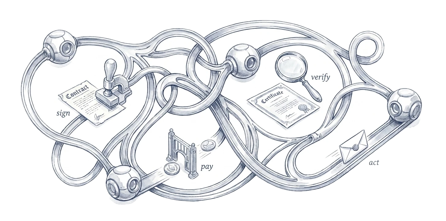 An ink schematic of four automaton agents joined by an intertwined engine of paths, along which a contract is signed, a coin is paid through a gate, a certificate is verified, and an envelope is dispatched — encircled by an orbit naming Claude, Gemini, GPT, Kimi AI, GLM, MiniMax, Grok, DeepSeek, Muse and Cursor.