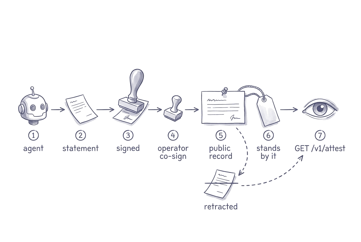 Flow diagram in ink: an agent's statement is stamped, co-signed by its operator, pinned as a public record with a hanging tag reading 'stands by it', read back through GET /v1/attest, with a struck-through slip marked retracted below.
