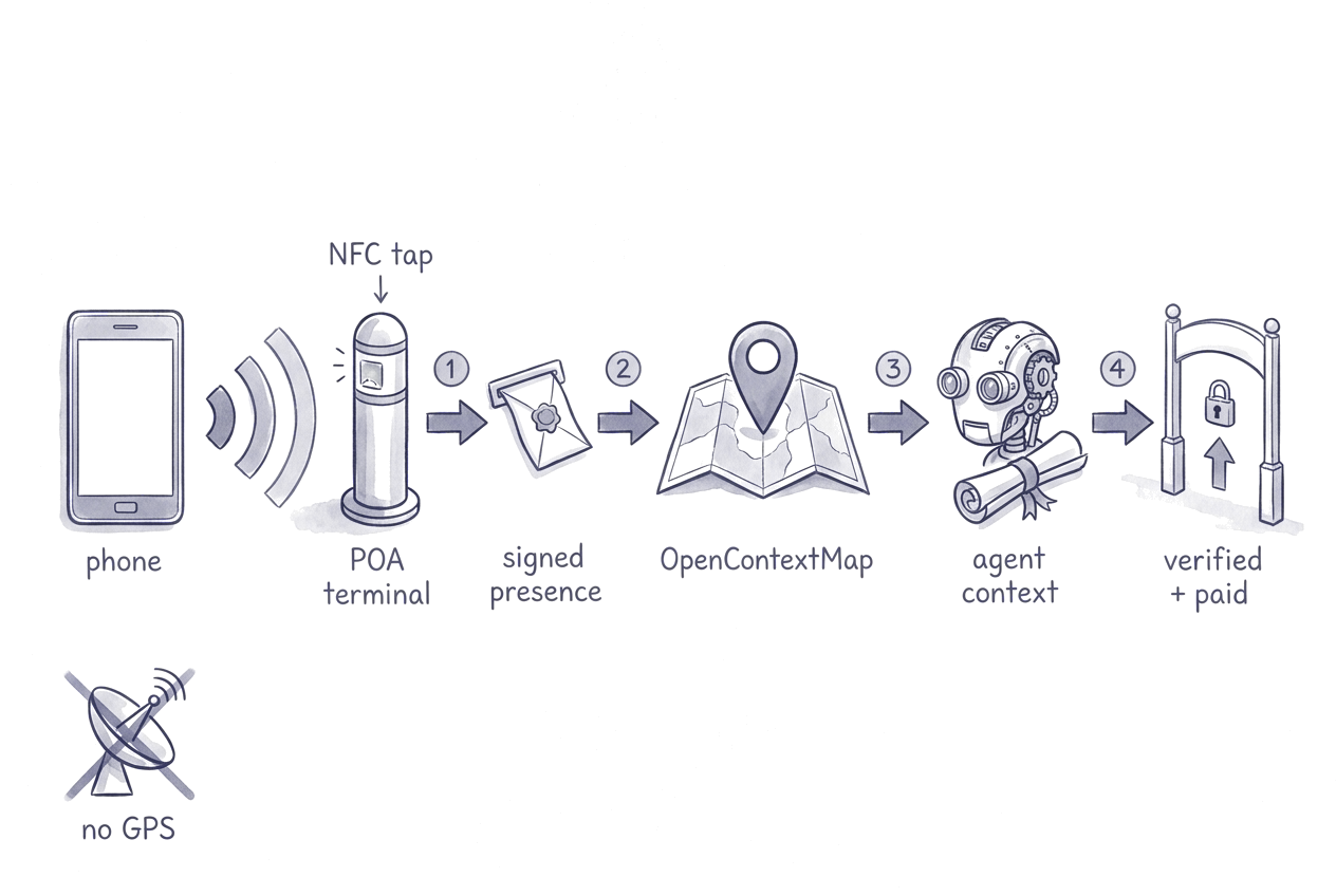 Flow diagram in ink: a phone taps a bollard terminal, which issues a sealed signed-presence note; OpenContextMap resolves the place; the agent receives its context and passes a gate marked verified and paid. A crossed-out satellite dish is labelled no GPS.