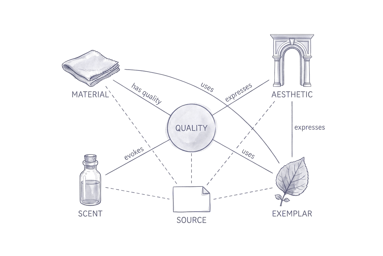 Knowledge-graph diagram in ink: a central hub marked quality, joined by labelled edges to a cloth swatch marked material, an arch marked aesthetic, a vial marked scent and a leaf marked exemplar, with a card marked source tied to each by dashed lines.
