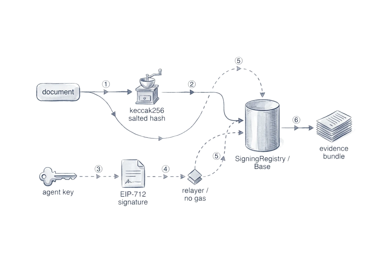 Flow diagram in ink: a document is hashed with a seal stamp, anchored on Base shown as a chained obelisk, signed by quill as an EIP-712 signature, and bound into an evidence bundle.