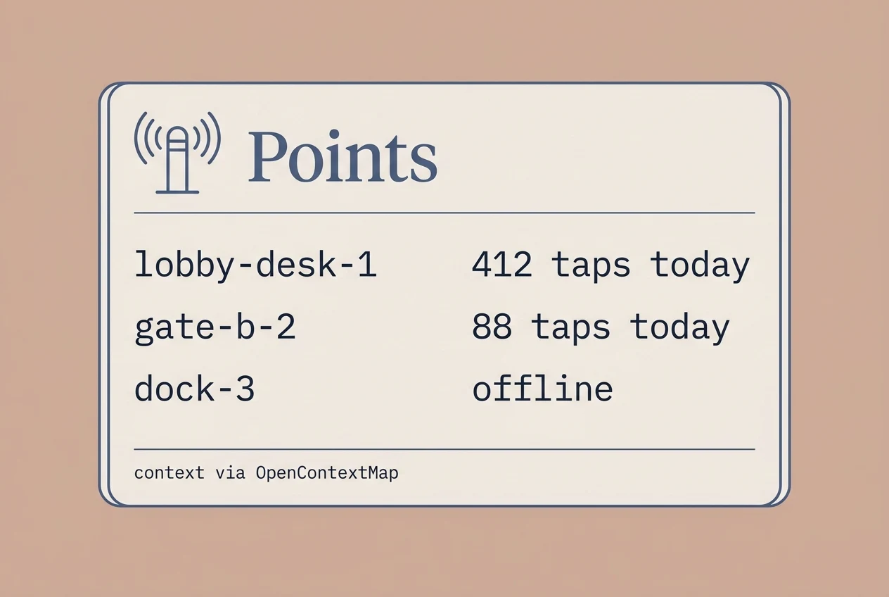 A clay-toned read-only panel titled Points: lobby-desk-1 with 412 taps today, gate-b-2 with 88 taps today, dock-3 offline, footer 'context via OpenContextMap'.