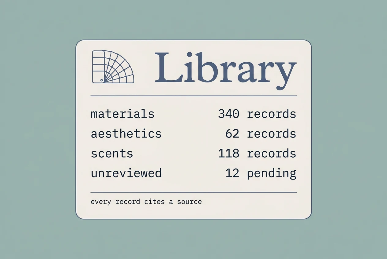 A eucalyptus-toned read-only panel titled Library: 340 material records, 62 aesthetics, 118 scents, 12 unreviewed, footer 'every record cites a source'.