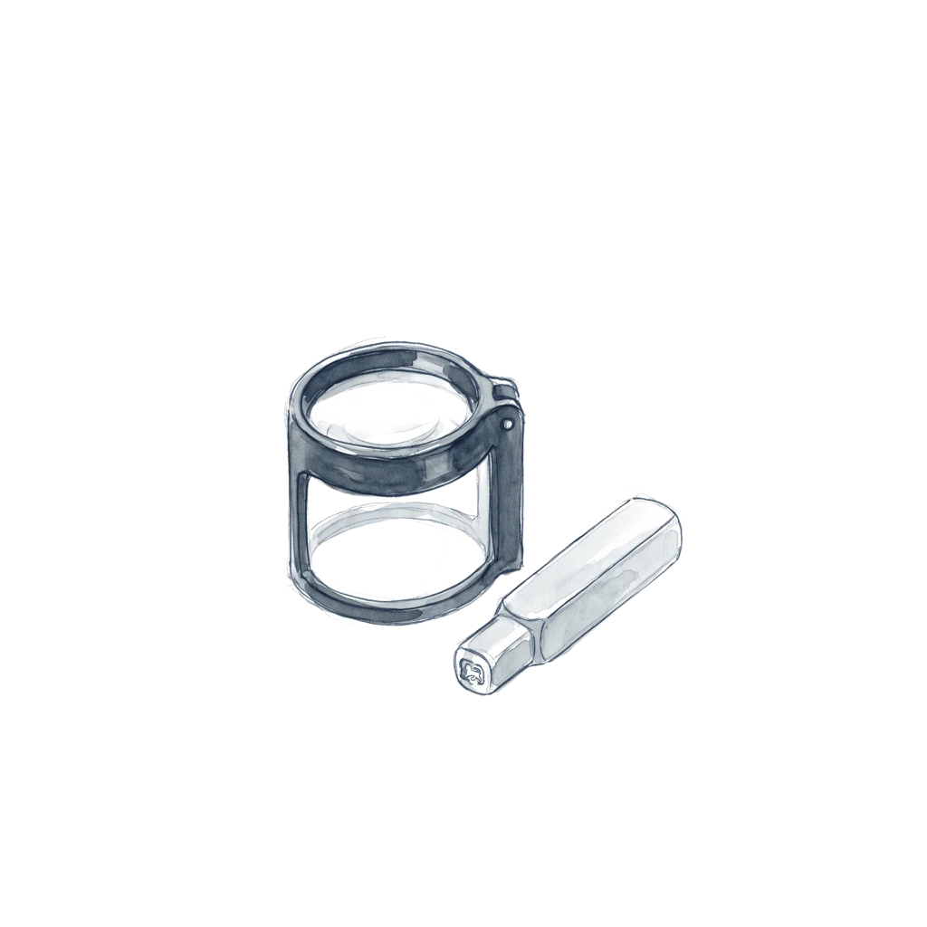 An ink drawing of a jeweller's loupe standing upright beside a small metal hallmark punch lying on its side.