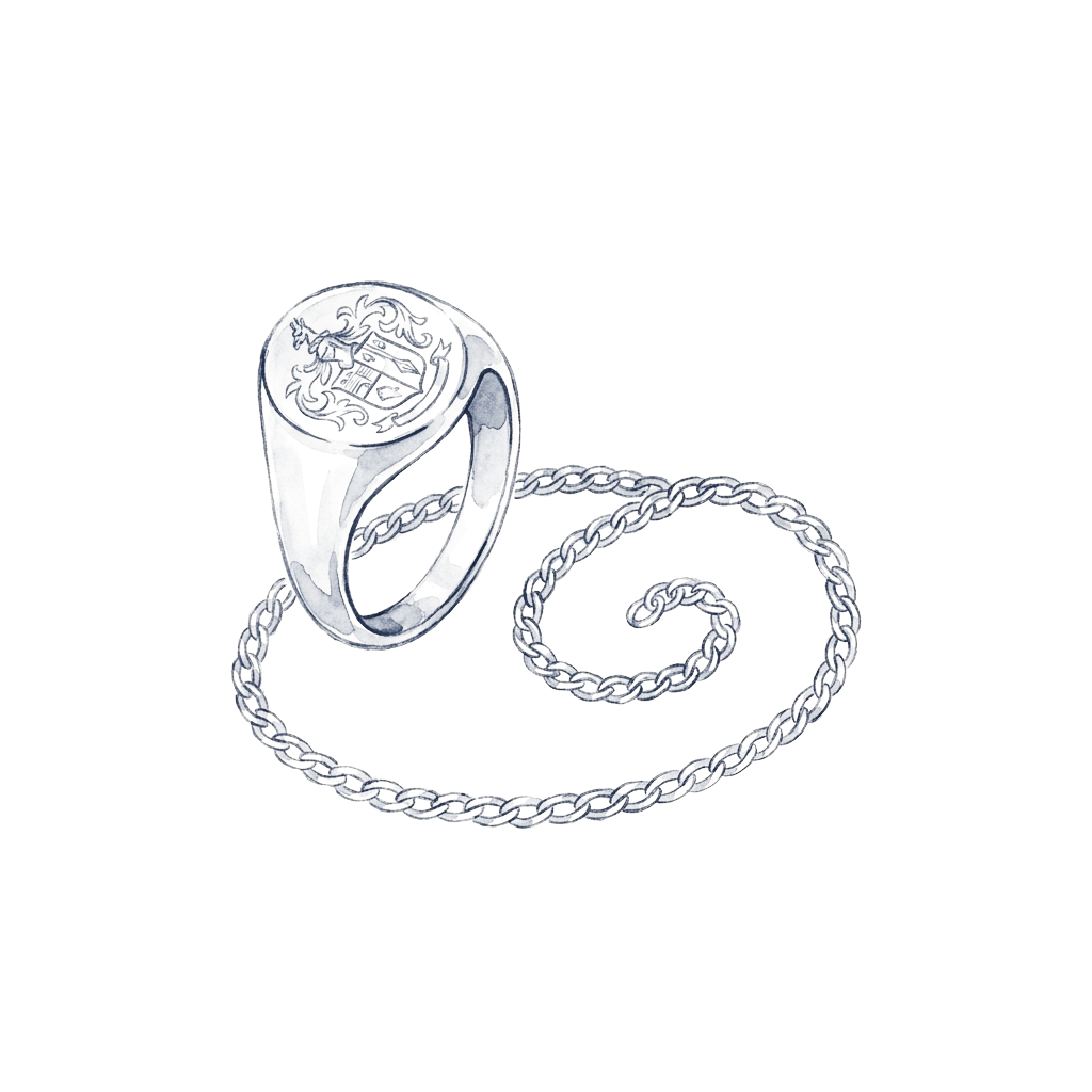 An ink drawing of an antique signet ring standing upright beside a fine chain curled into a spiral.