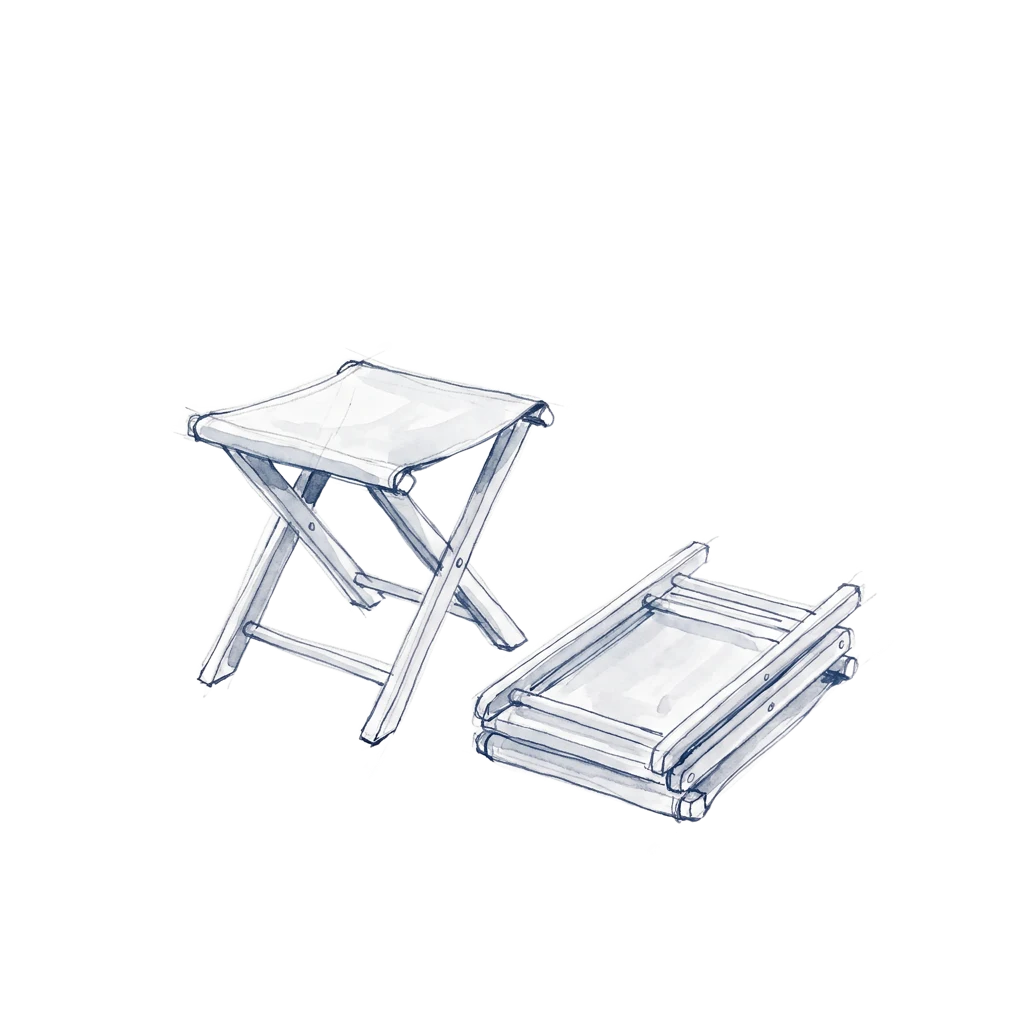 An ink drawing of two small folding stools, one standing open and ready, the other lying folded flat beside it.