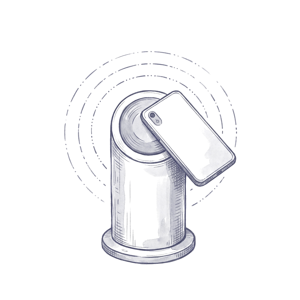 An ink drawing of a short pedestal terminal with a phone held flat against its tap-plate, rings rippling out from the gap between them.
