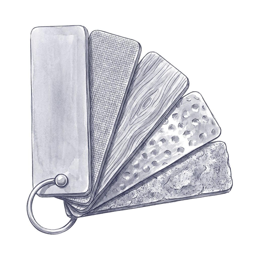 An ink drawing of a material swatch fan splayed open on its ring, each chip a different surface: smooth, woven, grained, hammered, rough.