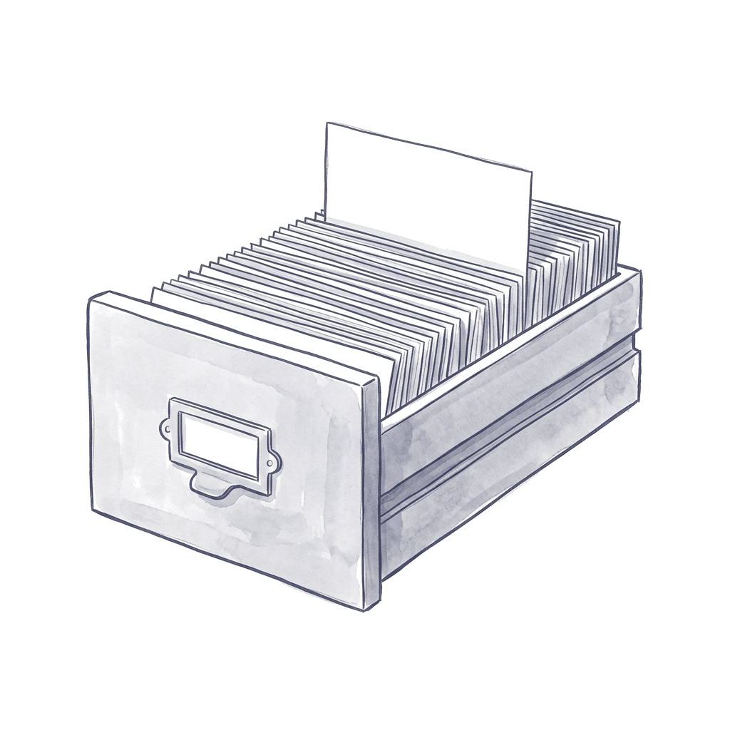 An ink drawing of a library card-catalogue drawer pulled open, packed with index cards, one card standing proud above the rest.