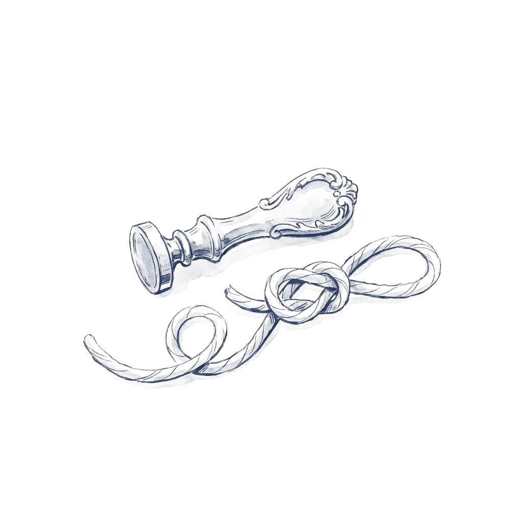 An ink drawing of a wax seal stamp resting beside a length of rope tied in a figure-eight knot.