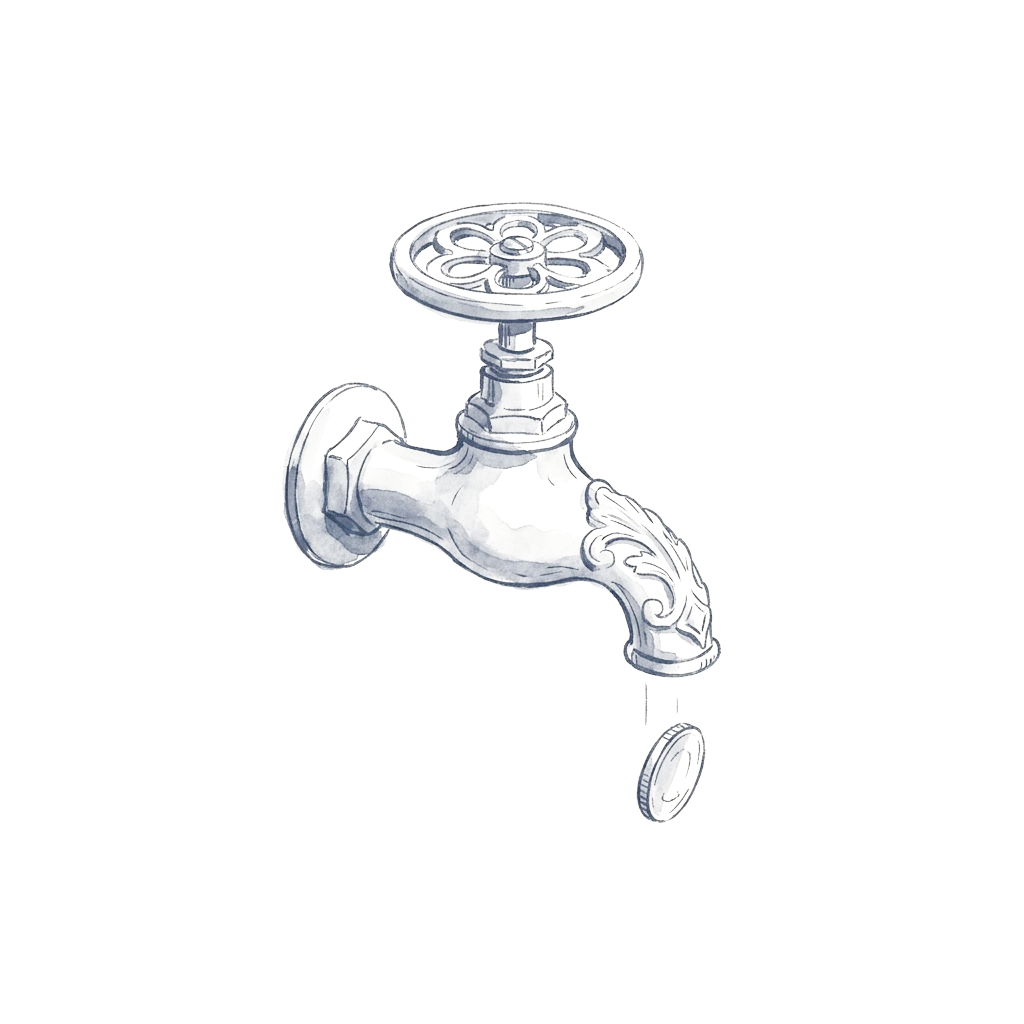An ink drawing of an ornate brass tap with a coin falling from its spout instead of water.