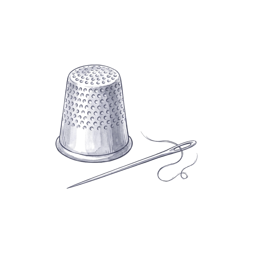 An ink drawing of a dimpled sewing thimble standing upright beside a threaded needle.