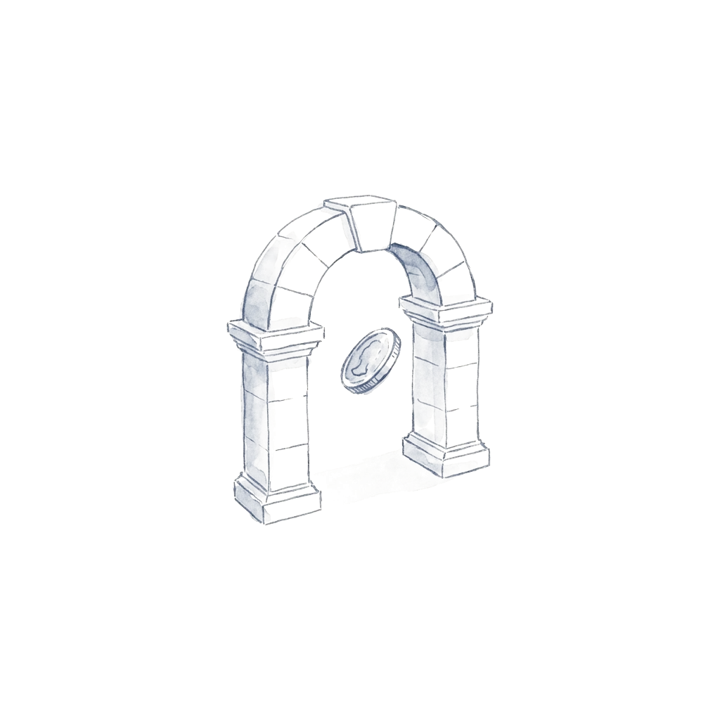 An ink drawing of a stone archway with a single coin suspended in mid-air as it passes through.